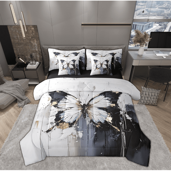 Manfei Teens Vintage Butterfly Bedding Comforter Set 7 Pieces, Romantic Artwork Full Bedding Set, Black Grey Oil Printing Reversible Fitted Sheet Flat Sheet, Breathable Home Decor