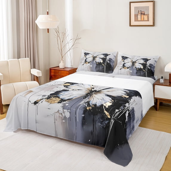 Manfei Teens Vintage Butterfly Full Size Sheets, Romantic Artwork Bed Sheets, Black Grey Oil Printing Sheet Sets, Breathable Home Decor, 4-Piece