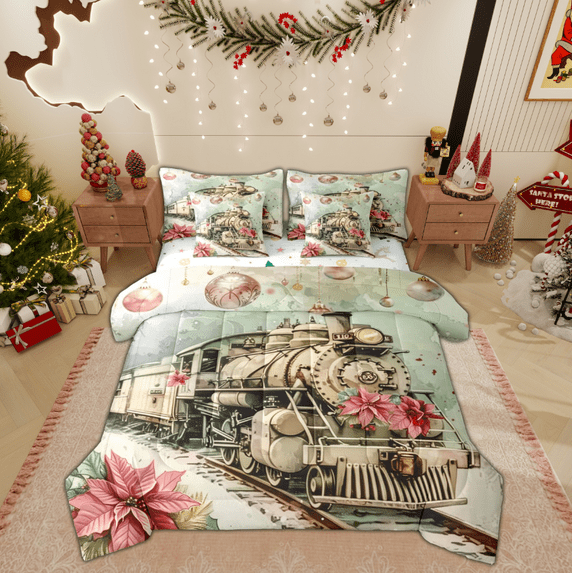 Manfei Teens Vintage Train Bedding Comforter Set 7 Pieces, Steam Engine Full Bedding Set, Christmas Poinsettia Flower Reversible Fitted Sheet Flat Sheet, Ultra Soft Home Decor