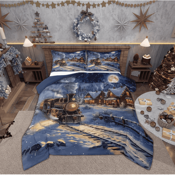 Manfei Teens Vintage Train Bedding Comforter Set, Steam Engine Twin Comforter Sets, Rustic Christmas Eve Reversible Bedding Set, Lightweight Room Decor, 2-Piece