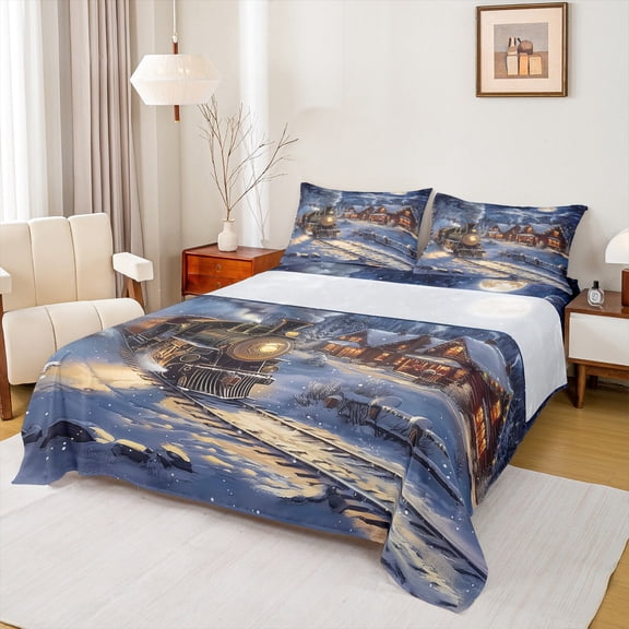 Manfei Teens Vintage Train Twin Sheet Sets, Steam Engine Twin Fitted Sheet, Rustic Christmas Eve Flat Sheet, Lightweight Room Decor, 3-Piece
