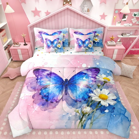 Manfei Teens Watercolor Butterfly 7-Piece Twin Bedding Sets, Vibrant Groovy Flower Bedding Comforter Set, Rustic Farmhouse Reversible Sheet Sets, Breathable Home Decor