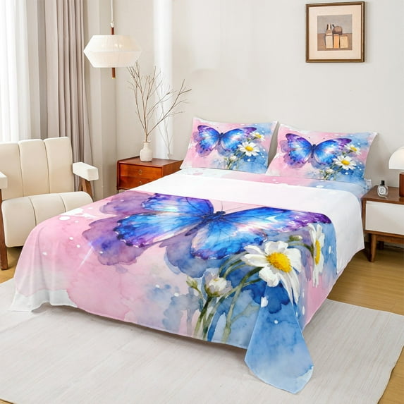 Manfei Teens Watercolor Butterfly Twin Sheet Sets, Vibrant Groovy Flower Twin Fitted Sheet, Rustic Farmhouse Flat Sheet, Breathable Home Decor, 3-Piece
