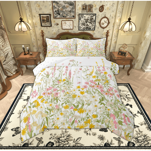 Manfei Teens Watercolor Flower Bedding Comforter Set, Farmhouse Plant Botanical Twin Comforter Sets, Retro Fashion Style Reversible Bedding Set, Lightweight Room Decor, 2 Pieces