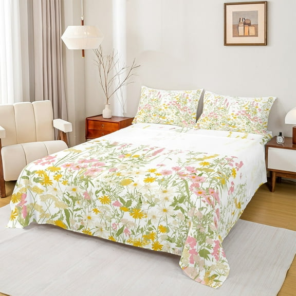 Manfei Teens Watercolor Flower Twin Sheet Sets, Farmhouse Plant Botanical Twin Fitted Sheet, Retro Fashion Style Flat Sheet, Lightweight Room Decor, 3 Pieces