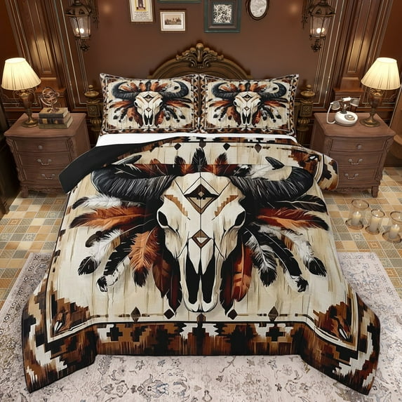 Manfei Teens Western Bull Skull 3 Pieces Queen Comforter Set,Lodge Cabin Farmhouse Ultra Soft Bedding Sets,Bohemian Theme Bedding Comforter Set Breathable,Ultra Soft Home Decor,Reversible