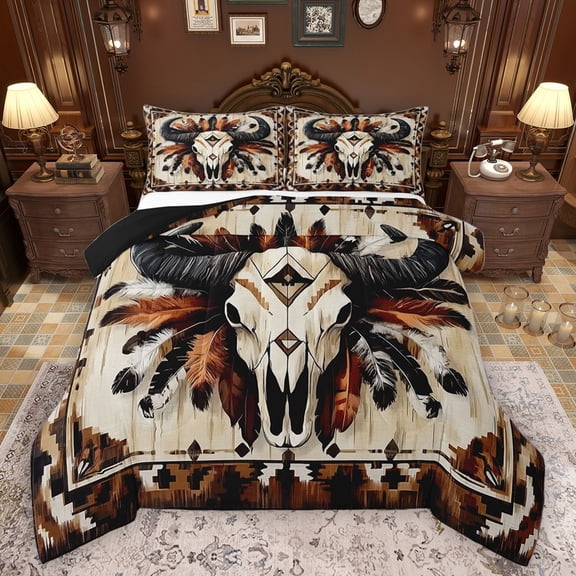 Manfei Teens Western Bull Skull Bedding Comforter Set 2pcs,Lodge Cabin Farmhouse Twin Comforter Sets Microfiber,Bohemian Theme Breathable Bedding Set,Ultra Soft Home Decor,Reversible