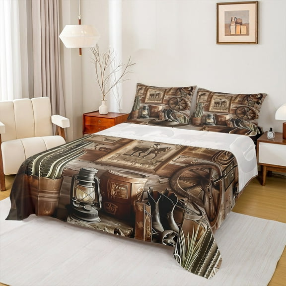 Manfei Teens Western Cowboy Cowgirl 3pcs Twin Sheet Sets,Rustic Farmhouse Twin Fitted Sheet,Retro Vintage Breathable Flat Sheet,Lightweight Room Decor