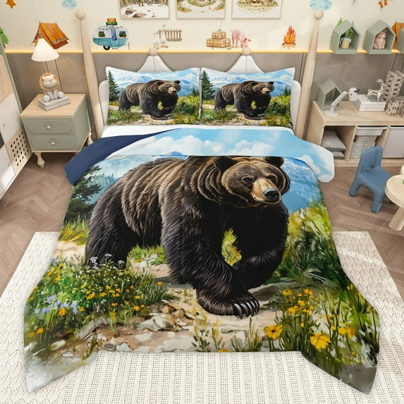 Manfei Teens Wildlife Bear 3 Pieces Queen Comforter Set,Chic Flower Ultra Soft Bedding Sets,Woodland Animal Bedding Comforter Set,Microfiber Bedroom Decor,Reversible
