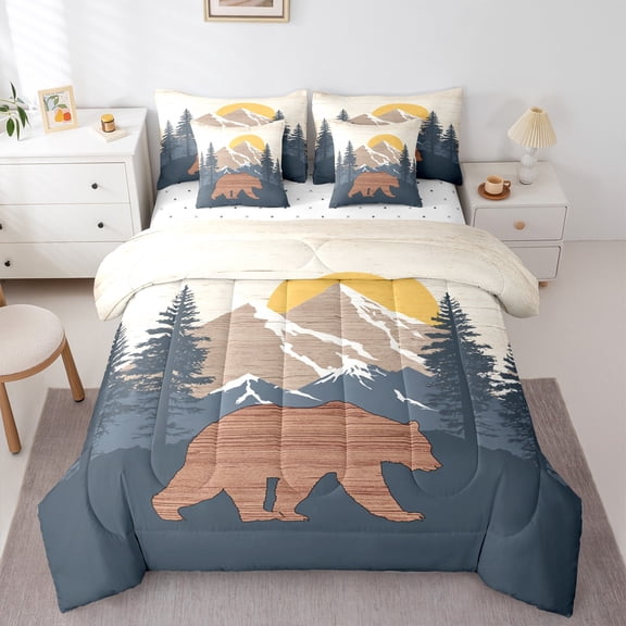 Manfei Teens Wildlife Bear Bedding Comforter Set 7pcs, Farmhouse Animal Queen Bedding Sets, Rustic Countryside Reversible Queen Sheet Sets, Luxury Bedroom Decor