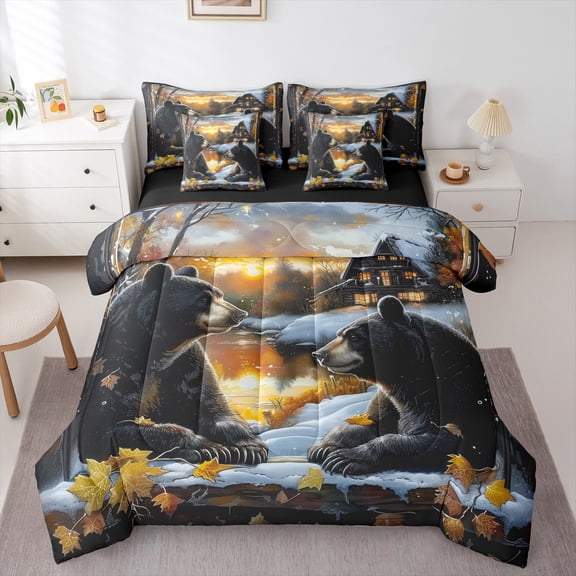 Manfei Teens Wildlife Bear Twin Bedding Sets 7-Piece, Farmhouse Animal Bedding Comforter Set, Rustic Countryside Reversible Sheet Sets, Lightweight Room Decor