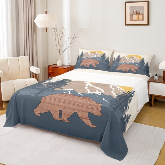 Manfei Teens Wildlife Bear Twin Sheet Sets, Farmhouse Animal Twin Fitted Sheet, Rustic Countryside Flat Sheet, Luxury Bedroom Decor, 3 Pieces