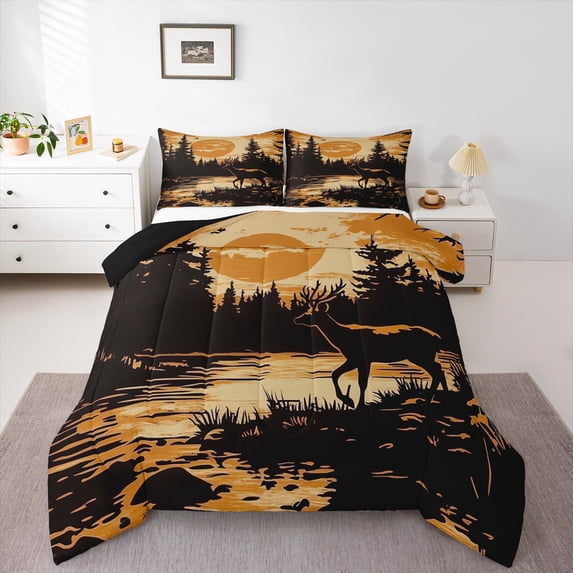 Manfei Teens Wildlife Deer Full Size Comforter Sets, Farmhouse Animal Bedding Comforter Set, Rustic Countryside Reversible Bedding Sets, Lightweight Room Decor, 3-Piece