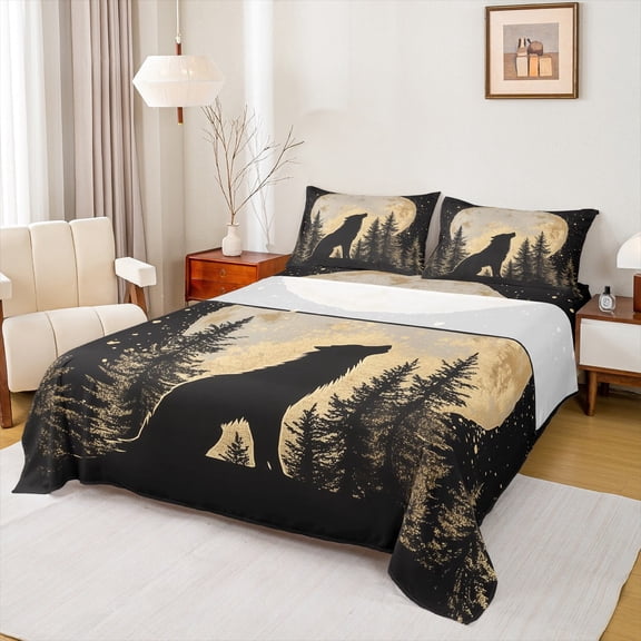 Manfei Teens Wildlife Wolf Full Size Sheets, Farmhouse Animal Bed Sheets, Rustic Countryside Sheet Sets, Super Cozy Room Decor, 4-Piece