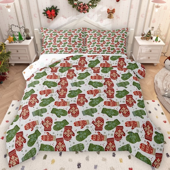 Manfei Teens Winter Gloves Full Size Comforter Sets, Vintage Old Fashion Bedding Comforter Set, Dreamy Winter Snowflake Reversible Bedding Sets, Ultra Soft Bedroom Decor, 3 Pieces