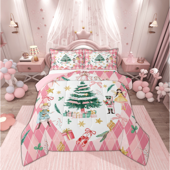 Manfei Teens Xmas Tree Fairy Bedding Comforter Set, Cartoon Princess Nutcracker Twin Comforter Sets, Pink Christmas Plaid Reversible Bedding Set, Breathable Home Decor, 2pcs