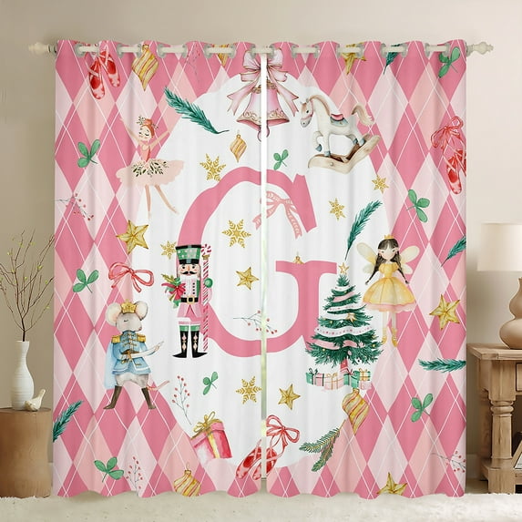 Manfei Teens Xmas Tree Fairy Black Out Curtains, Cartoon Monogrammed G Curtains Pack of 2 (42x63 Each), Pink Christmas Plaid Bedroom Curtains, Window Curtains Room Decor