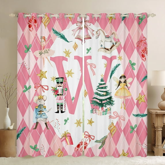 Manfei Teens Xmas Tree Fairy Black Out Curtains, Cartoon Monogrammed W Curtains Pack of 2 (42x63 Each), Pink Christmas Plaid Bedroom Curtains, Black Out Curtains Decor