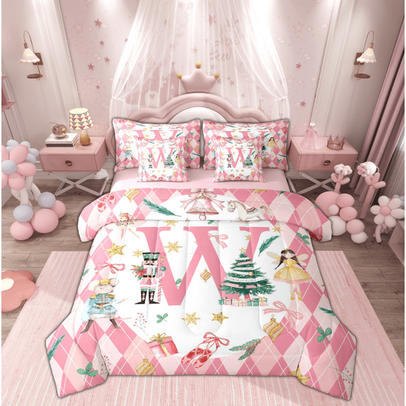 Manfei Teens Xmas Tree Fairy Twin Bedding Sets 7-Piece, Cartoon Monogrammed W Bedding Comforter Set, Pink Christmas Plaid Reversible Sheet Sets, Luxury Bedroom Decor