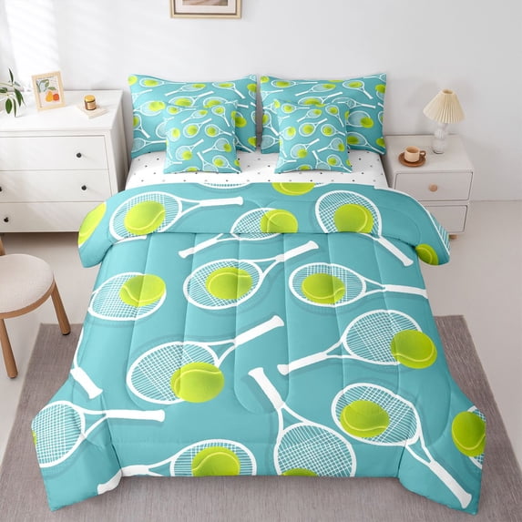 Manfei Tennis Racket Queen Bedding For Boys,Ball Sport Bedding Comforter Set Queen,Cyan Fresh Tone,Reversible,7-Piece