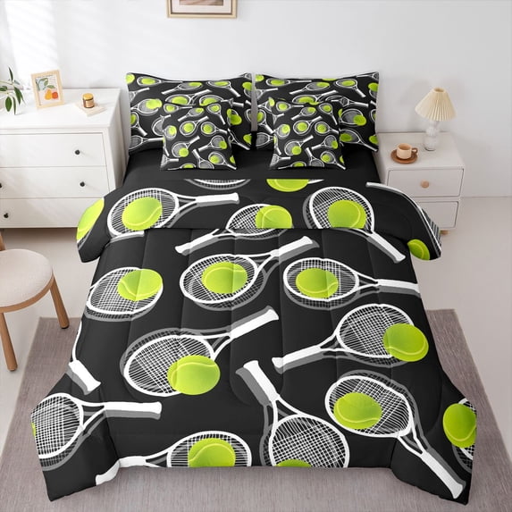 Manfei Tennis Racket Twin Bedding For Boys,Ball Lovers Bedding Comforter Set,Black Green White,Black Reversible,7-Piece
