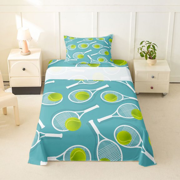 Manfei Tennis Racket Twin Sheets For Boys,Ball Sport Bedding,Cyan Fresh Tone,3 Pieces,1 Fitted Sheet and 1 Pillowcase