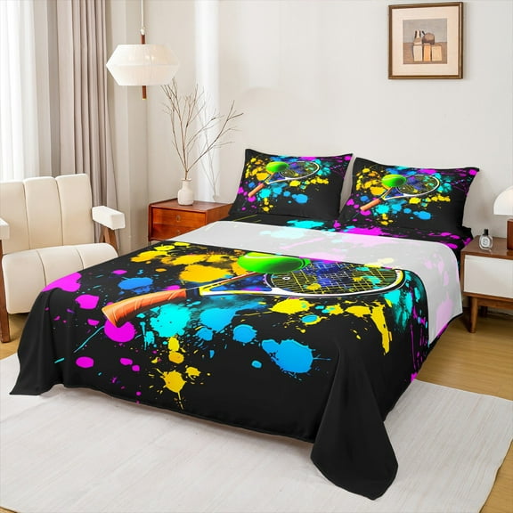 Manfei Tennis Sport Twin Sheet Sets 3pcs, Graffiti Splash Twin Fitted Sheet, Watercolor Tie Dye Flat Sheet, Breathable Home Decor