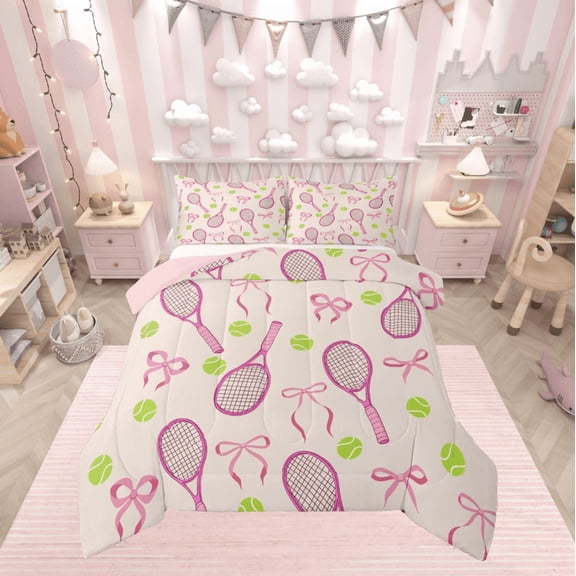 Manfei Tennis Sports Comforter Sets Twin Size, Princess Bow-tie Down Comforter, Teenager Boys Girls Reversible Bedding Twin Comforter Set, Microfiber Bedroom Decoration, 2pcs