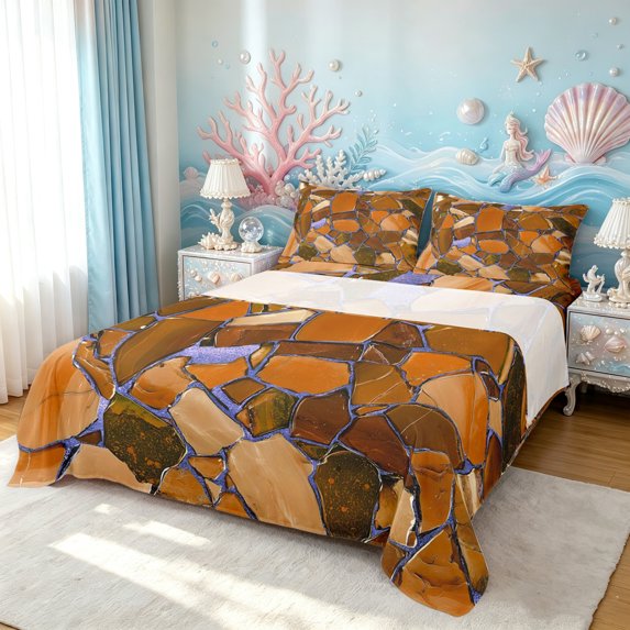 Manfei Terrazzo Tile Queen Sheets, Abstract Stone Mosaic Queen Sheet Sets, Brown Violet, 4 Pieces, 1 Flat Sheet, 1 Fitted Sheet and 2 Pillowcases