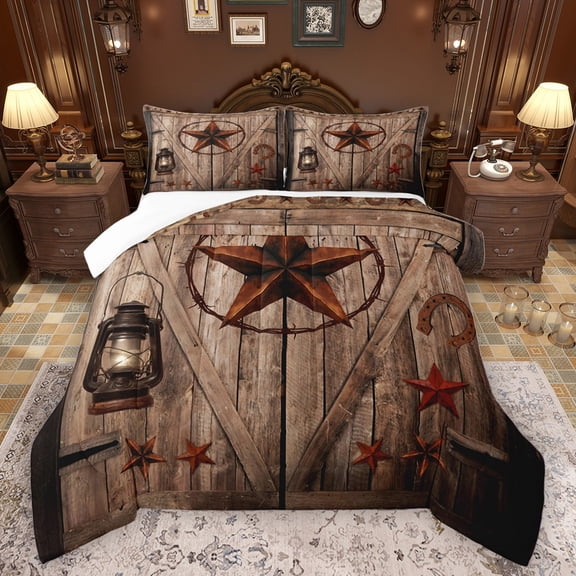 Manfei Texas Star 3 Pieces Queen Comforter Set for Teens Adults,Western Rustic Cabin Ultra Soft Bedding Sets,Exotic Style Bedding Comforter Set Breathable,Breathable Home Decor