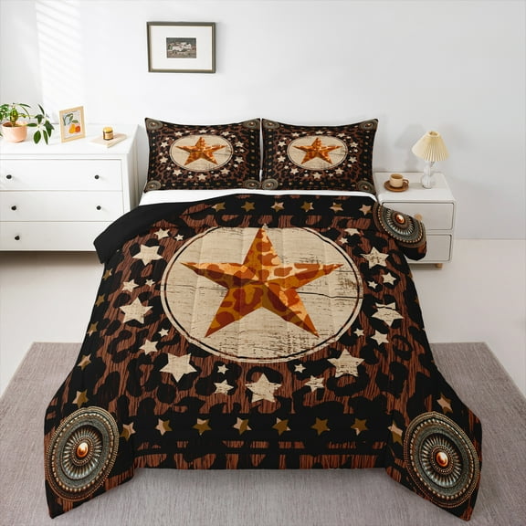 Manfei Texas Star Bedding Comforter Set,Leopard Print Twin Comforter Sets,Brown Beige Black Bedding Set For Teens,Super Cozy Room Decor Reversible,2pcs