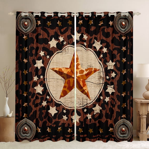 Manfei Texas Star Black Out Curtains,Leopard Print Curtains Pack of 2 (42x63 Each),Brown Beige Black Bedroom Curtains For Teens,Super Cozy Room Decor