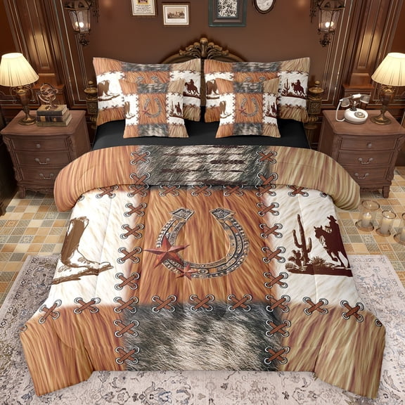 Manfei Texas Star Horseshoe Bedding Comforter Set 7-Piece for Kids Children Teens,Western Cowboy King Bedding Sets,Cow Print Patchwork Ultra Soft Bed Sheets,Lightweight Room Decor,Reversible
