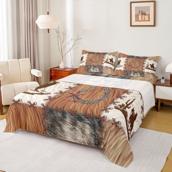 Manfei Texas Star Horseshoe Full Size Sheets 4-Piece for Kids Children Teens,Western Cowboy Breathable Bed Sheets,Cow Print Patchwork Lightweight Sheet Sets,Lightweight Room Decor