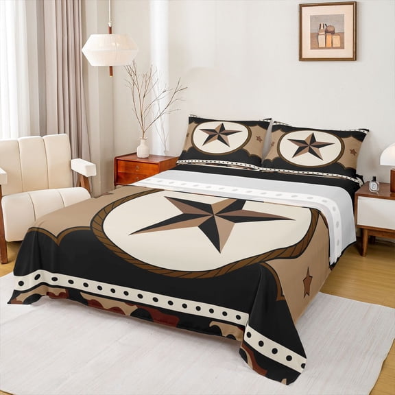 Manfei Texas Star Twin Sheet Sets 3pcs for Female Men,Western Theme Twin Fitted Sheet Microfiber,Vintage Aesthetics Breathable Flat Sheet,Luxury Bedroom Decor