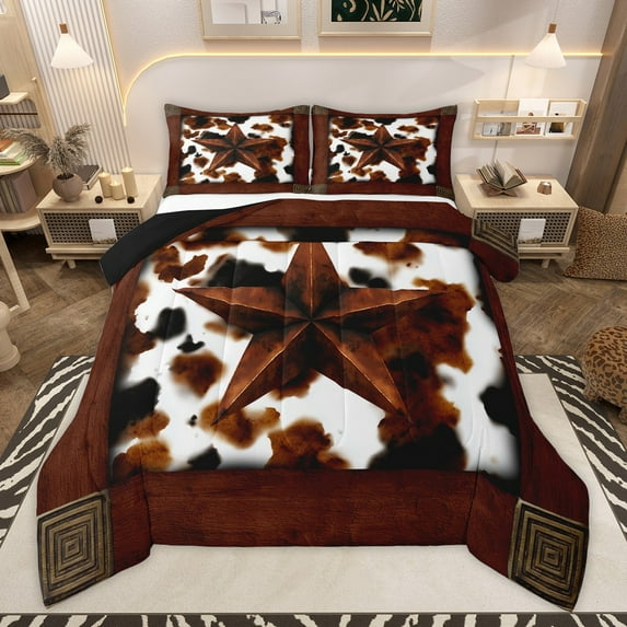 Manfei Texas Stars 3 Pieces Queen Comforter Set for Boys Girls,Animal Cow Print Ultra Soft Bedding Sets,Retro Vintage Bedding Comforter Set,Super Cozy Room Decor,Reversible