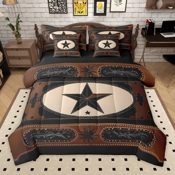 Manfei Texas Stars 7-Piece Twin Bedding Sets for Female Men,Black Brown Bedding Comforter Set,Western Theme Breathable Sheet Sets,Breathable Home Decor,Reversible