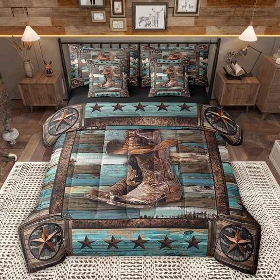 Manfei Texas Stars Bed in a Bag Twin size, Western Cowboy Boot Bed Set, Rustic Farmhouse Reversible Bedding Twin Size, Ultra Soft Room Decor, 7 Pieces