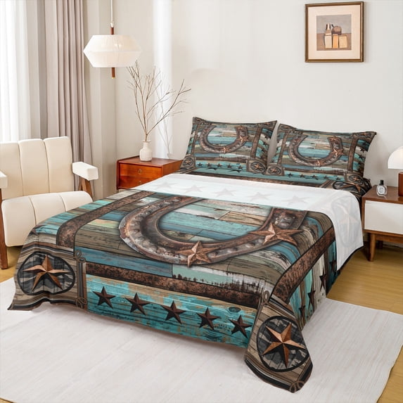 Manfei Texas Stars Bed Sheets Full, Western Tribal Full Sheet Sets, Rustic Farmhouse Bedding Sets Full Size, Super Cozy Room Decorative, 4-Piece
