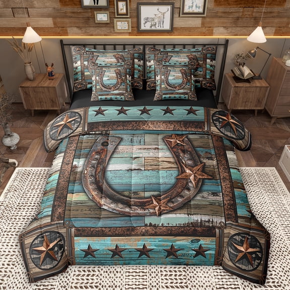Manfei Texas Stars Bedding Queen Size, Western Tribal Bedding Sets Queen Size, Rustic Farmhouse Reversible Comforter Sets with Sheets, Super Cozy Room Decorative, 7-Piece