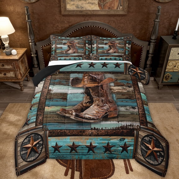 Manfei Texas Stars Bedding Sets Twin with Comforter, Western Cowboy Boot Comforter Sets Twin Size, Rustic Farmhouse Reversible Down Comforter, Ultra Soft Room Decor, 2 Pieces