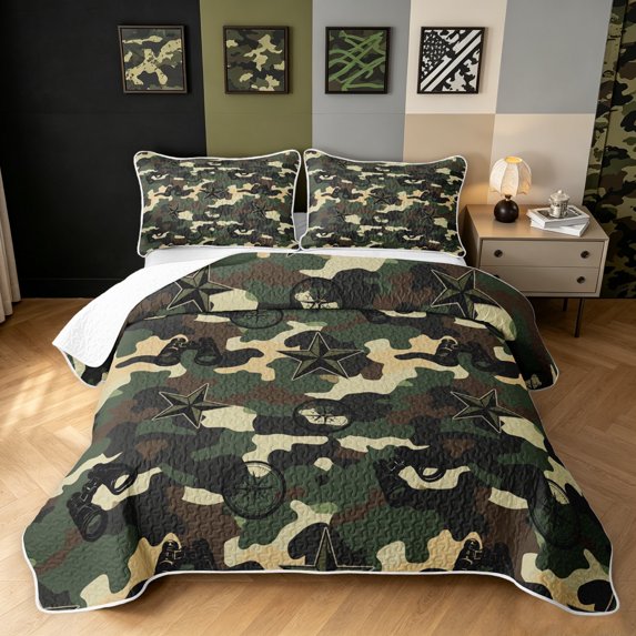Manfei Texas Stars Camouflage Bed Spread Queen, Old Fashion Camo Queen Coverlet Set, Olive Green, 3 Pieces, 1 Quilt and 2 Pillowcases