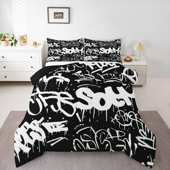 Manfei Text Graffiti Full Size Comforter Sets,Modern Abstract Desgin Bedding Comforter Set,White Black Bedding Sets For Child,Microfiber Bedroom Decor Reversible,3pcs