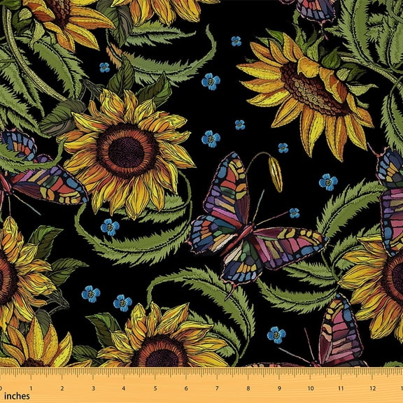 Manfei Textile Sunflower Fabric by the Yard (1 Yard), Green Leaves Decorative Fabric by the Yard, Colorful Butterfly DIY Fabric
