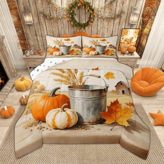 Manfei Thanksgiving Day Pumpkin Bedding Comforter Set, Harvest Theme Twin Comforter Sets, Rustic Farmhouse Bedding Set, Super Cozy Room Decor Reversible 2-Piece