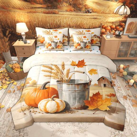 Manfei Thanksgiving Day Pumpkin Twin Bedding Sets 7pcs, Harvest Theme Bedding Comforter Set, Rustic Farmhouse Sheet Sets, Super Cozy Room Decor