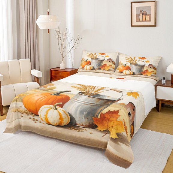 Manfei Thanksgiving Day Pumpkin Twin Sheet Sets, Harvest Theme Twin Fitted Sheet, Rustic Farmhouse Flat Sheet, Super Cozy Room Decor 3-Piece