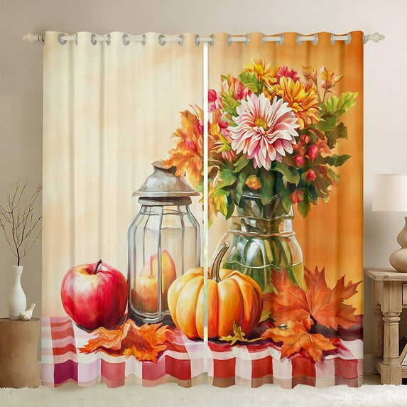 Manfei Thanksgiving Day Theme Blackout Curtains Set of 2 (52x84 Each), Apple Pumpkin Floral Window Curtains, Vintage Oil Painting Curtains and Drapes, Luxury Bedroom Decor