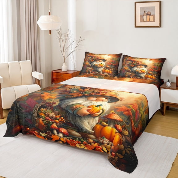 Manfei Thanksgiving Gnome Twin Sheet Sets 3pcs for Boys Girls, Harvest Pumpkin Twin Fitted Sheet, Autumn Plants Flat Sheet, Microfiber Bedroom Decor