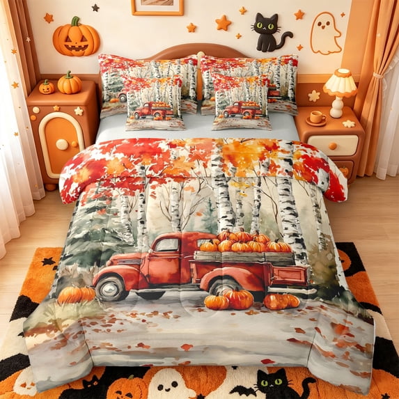 Manfei Thanksgiving Print 7-Piece King Bedding,Dark Aesthetic Halloween King Bed in a Bag,Light Gray Reversible